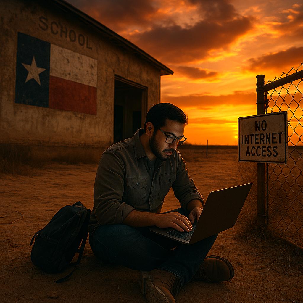 Hispanic Man at Sunset with “No Internet Access” Sign:
Image created by Richard Vara via OpenAI DALL·E – Visual metaphor for the digital divide in Texas