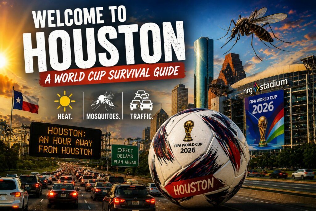 Houston land marks with traffic. a Welcome to Houston for 2026 FIFA World Cup.